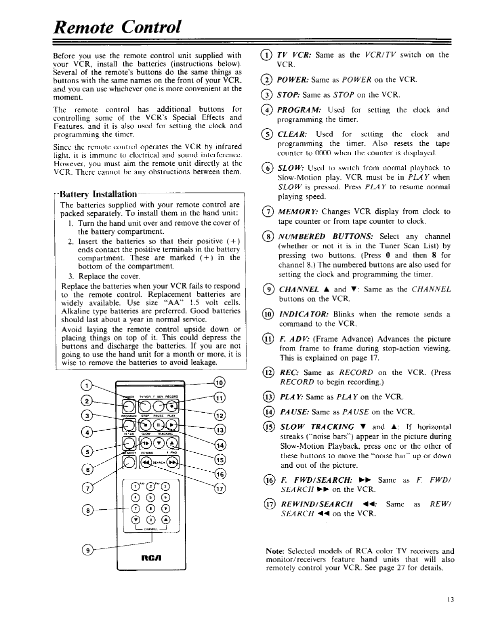 Remote control, Battery installation, Rewind/search | RCA VPT 385 User Manual | Page 15 / 32