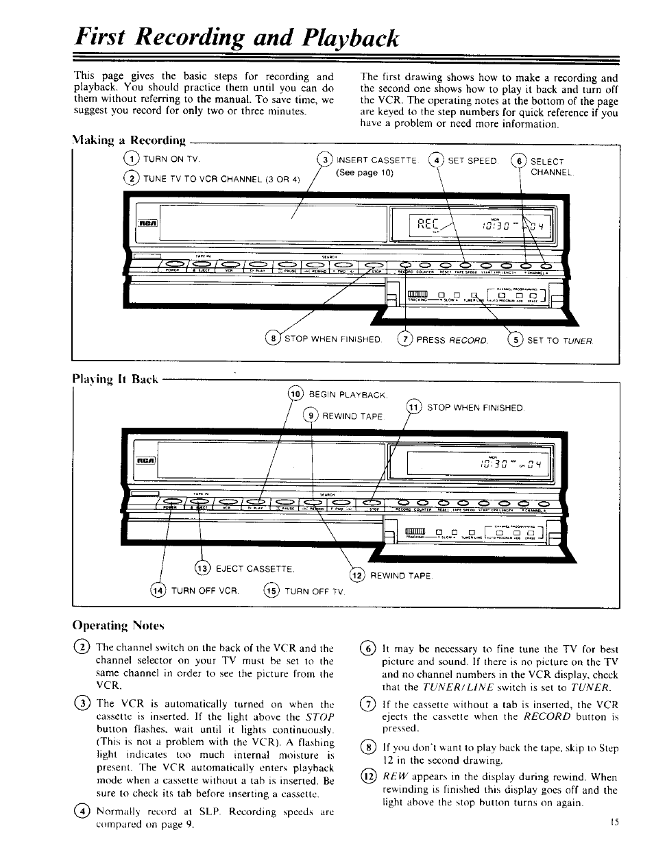 First recording and playback, Makirii» a recordinji, Operating; notes | RCA VPT 385 User Manual | Page 17 / 32