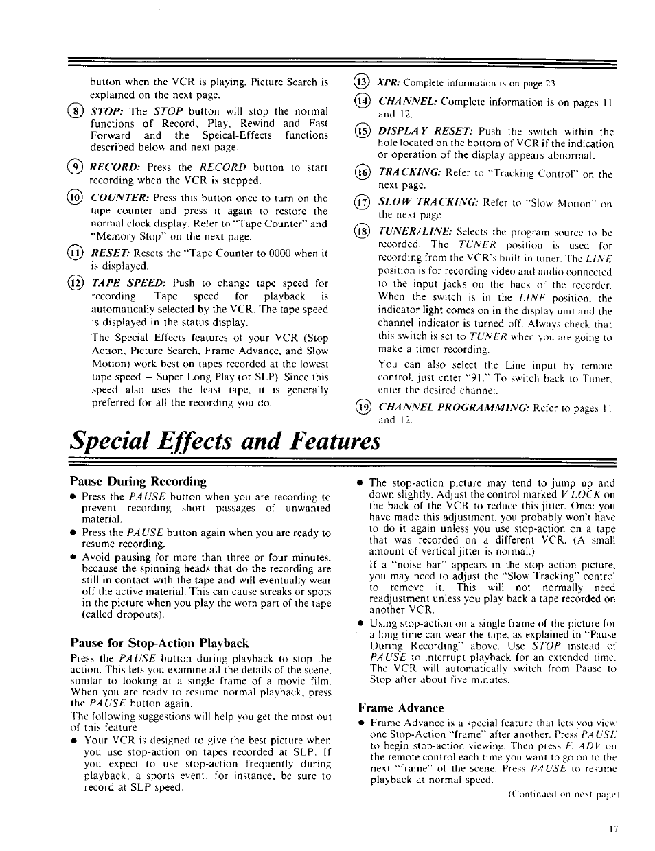 Special effects and features, Pause during recording, Pause for stop-action playback | Frame advance | RCA VPT 385 User Manual | Page 19 / 32