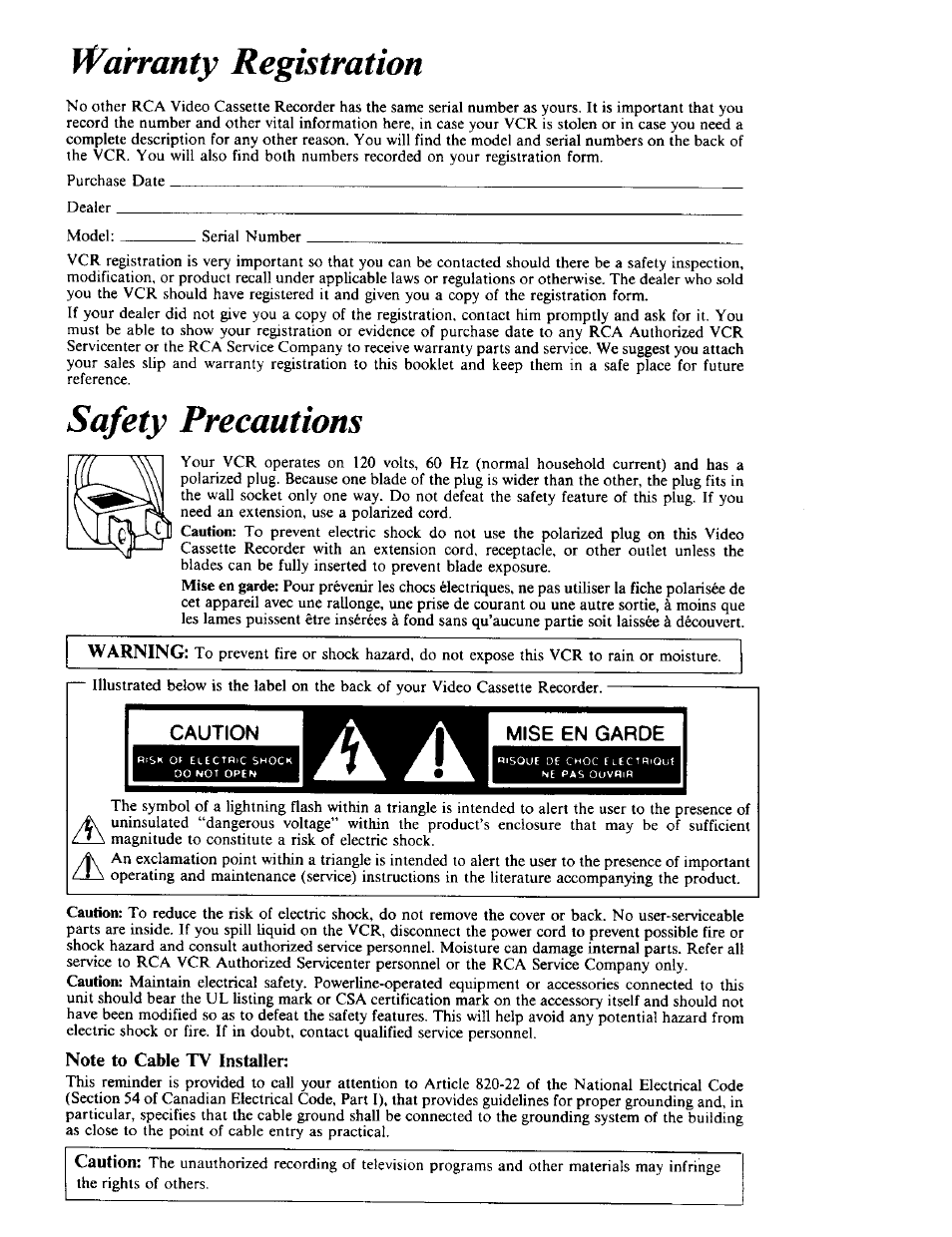 Safety precautions, Note to cable tv installer, Wahanty registration | Caution | RCA VPT 385 User Manual | Page 2 / 32