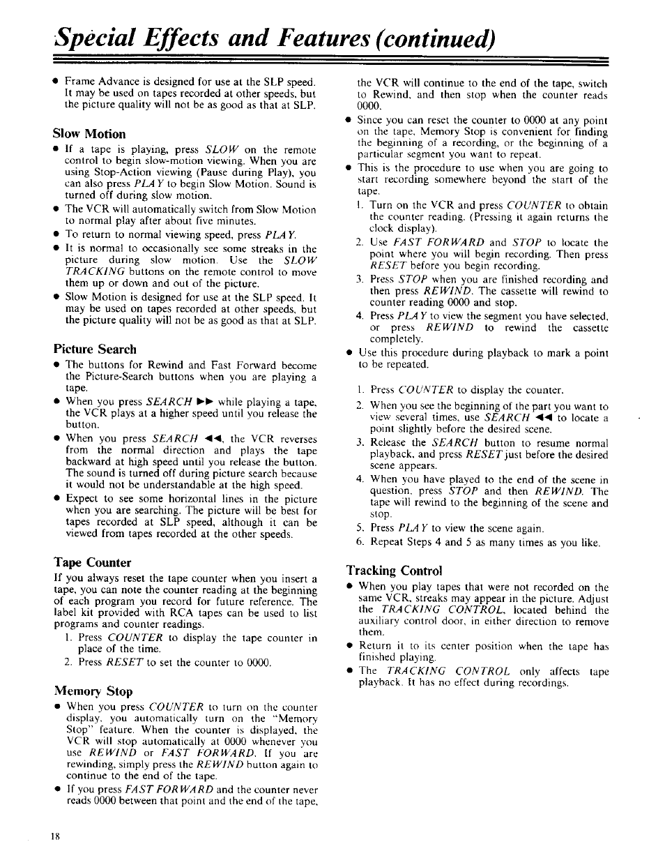 Spécial effects and features (continued), Slow motion, Picture search | Tape counter, Memory stop, Tracking control | RCA VPT 385 User Manual | Page 20 / 32