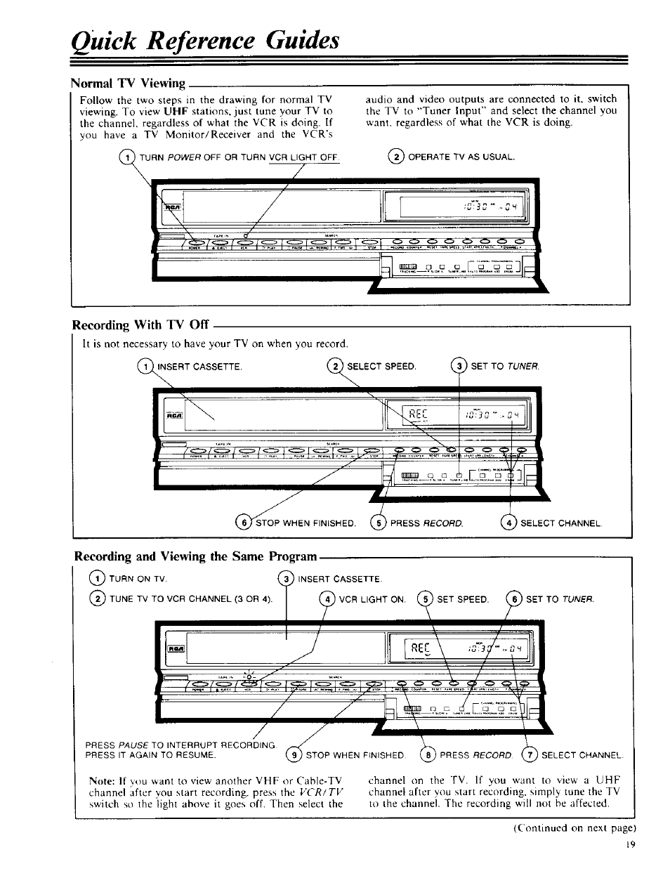 Quick reference guides, Norma! tv viewing, Recording with tv off | Recording and viewing the same program, Normal tv viewing | RCA VPT 385 User Manual | Page 21 / 32