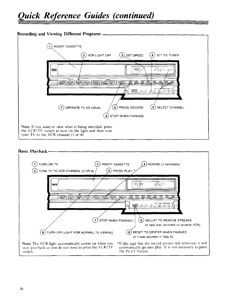 Recording and viewing different programs, Basic play back, Basic playback | Quick reference guides (continued) | RCA VPT 385 User Manual | Page 22 / 32