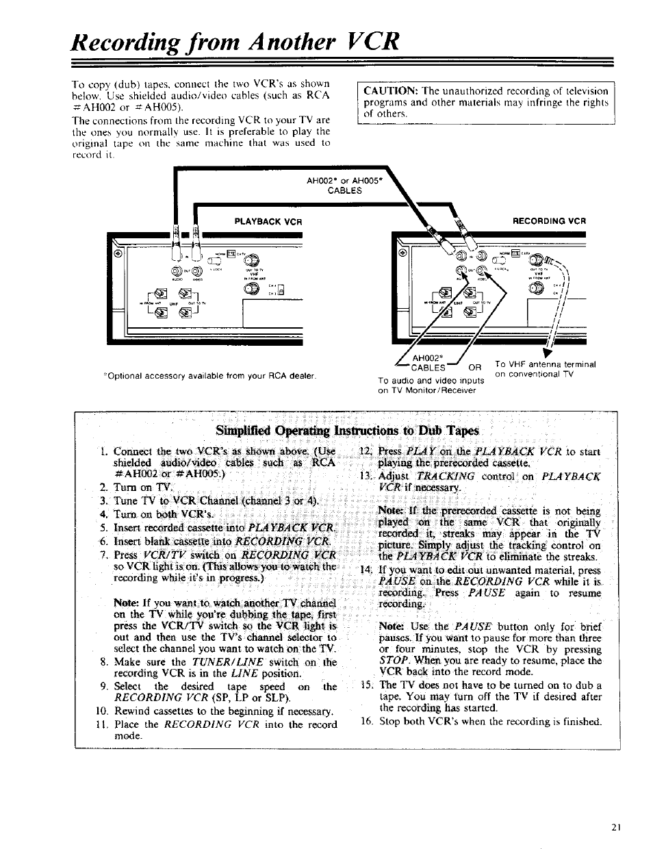 Recording from another vcr, Simplified operatiitg insmigtiods to dub tapes | RCA VPT 385 User Manual | Page 23 / 32