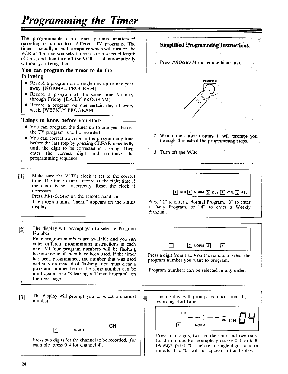 You can program the timer to do the, Following, Things to know before you start | Simplilied plrt^ju^ittg, Programming the timer | RCA VPT 385 User Manual | Page 26 / 32