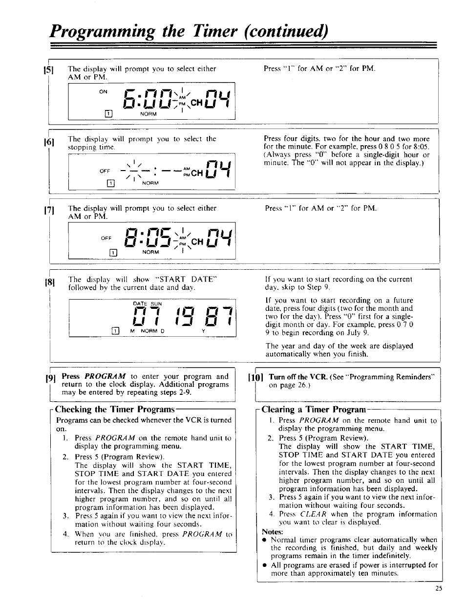 Programming the timer (continued), Opp o ■ nc nu u-u_i7~,chu, Checking the tinier programs | Clearing a timer program, C - n n l ' n u, N i j, O ■ n c nu, N m n j | RCA VPT 385 User Manual | Page 27 / 32