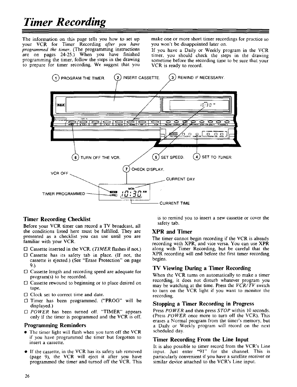 Timer recording checklist, Programming reminders, Xpr and timer | Tv viewing during a timer recording, Stopping a timer recording in progress, Timer recording from the line input, Timer recording | RCA VPT 385 User Manual | Page 28 / 32