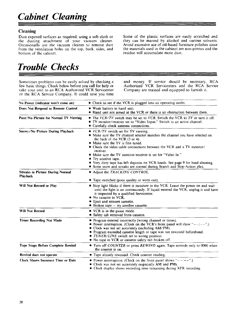 Cabinet cleaning, Trouble checks, Cleaning | RCA VPT 385 User Manual | Page 30 / 32