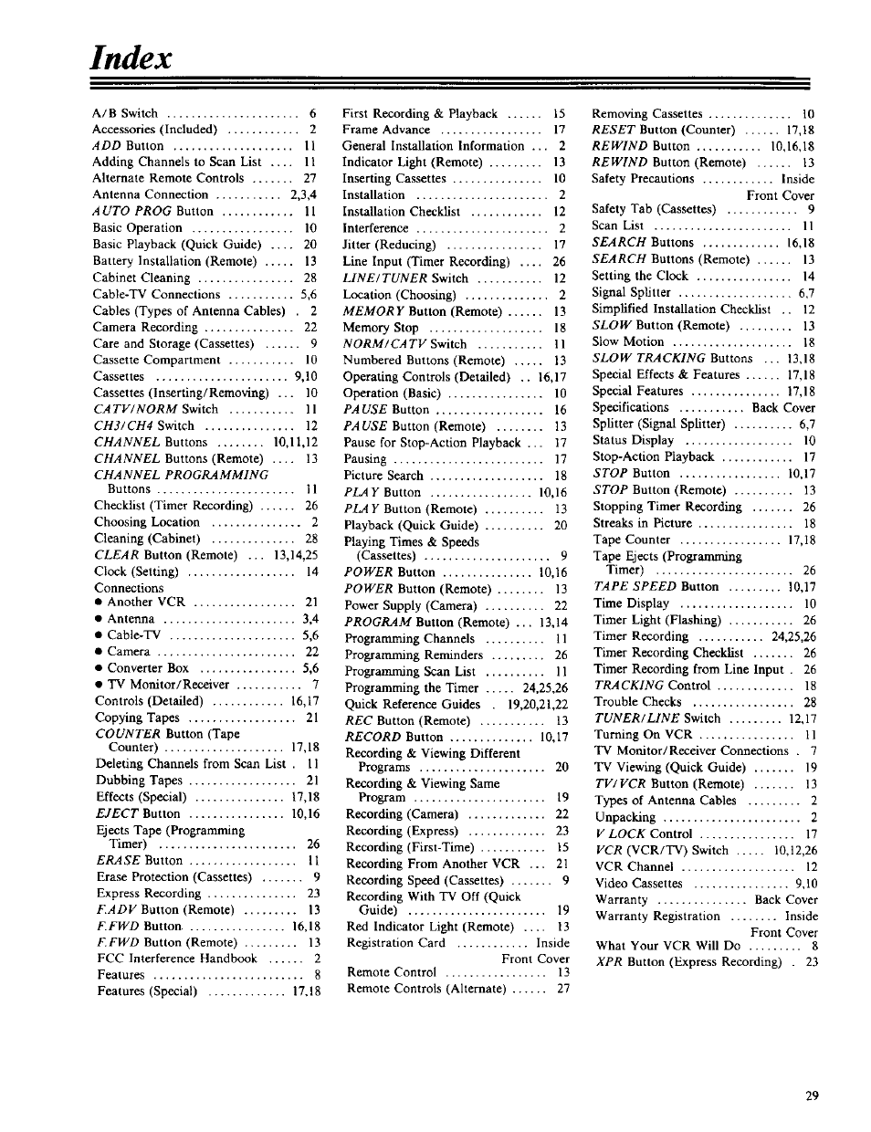 Index | RCA VPT 385 User Manual | Page 31 / 32