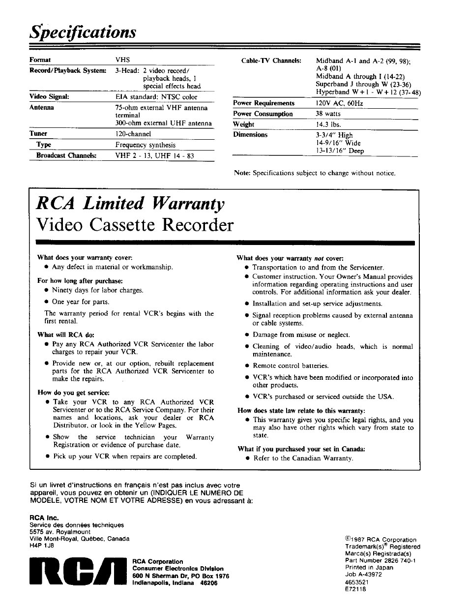 Specifications, Rca limited warranty, Video cassette recorder | RCA VPT 385 User Manual | Page 32 / 32