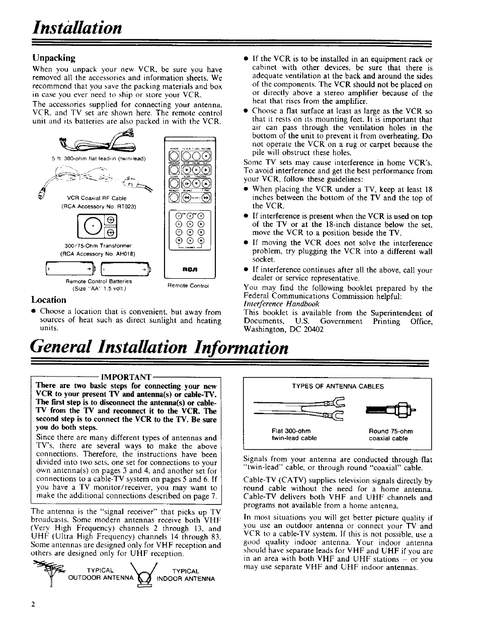 Instàllation, Unpacking, Location | General installation information, Osssi | RCA VPT 385 User Manual | Page 4 / 32