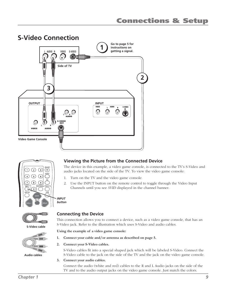 S-video connection, Connections & setup, Viewing the picture from the connected device | Connecting the device, Chapter 1 9 | RCA 32V524T User Manual | Page 11 / 48