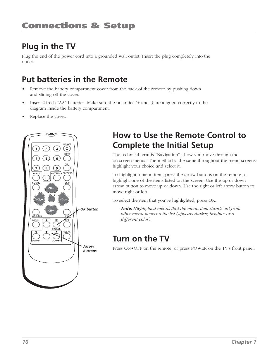 Plug in the tv, Put batteries in the remote, Turn on the tv | Connections & setup | RCA 32V524T User Manual | Page 12 / 48