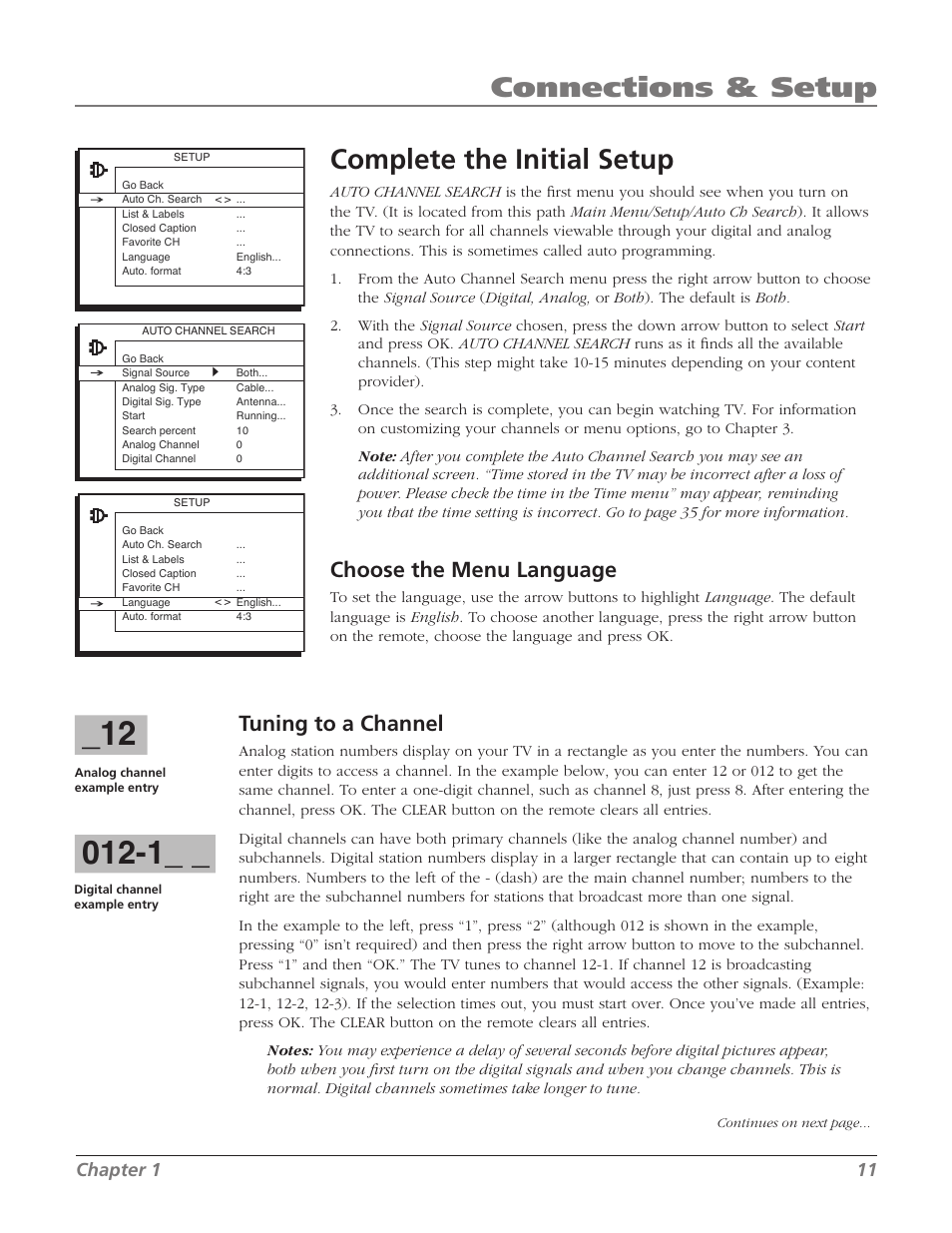Complete the initial setup, Connections & setup, Tuning to a channel | Choose the menu language, Chapter 1 11 | RCA 32V524T User Manual | Page 13 / 48