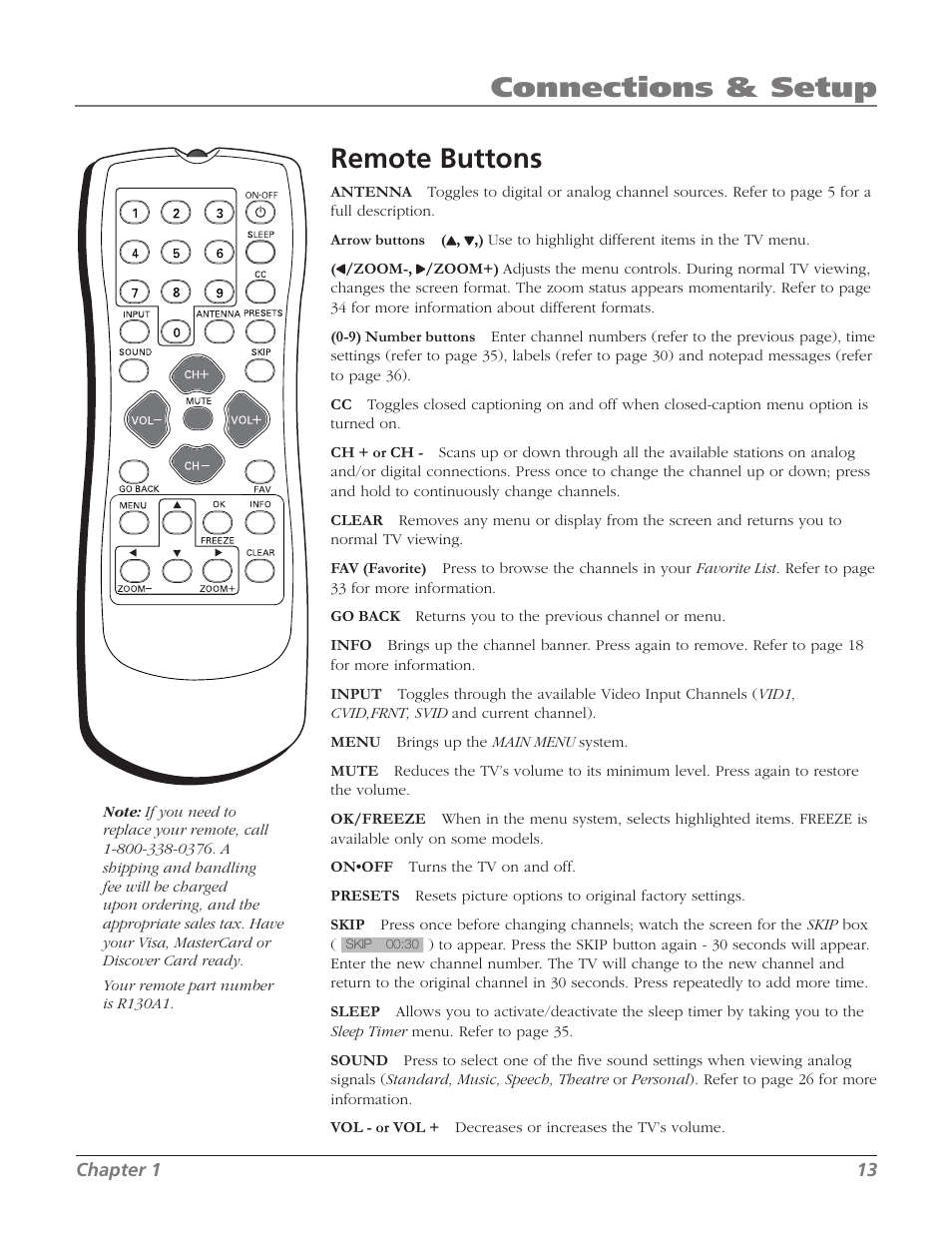 Connections & setup remote buttons | RCA 32V524T User Manual | Page 15 / 48