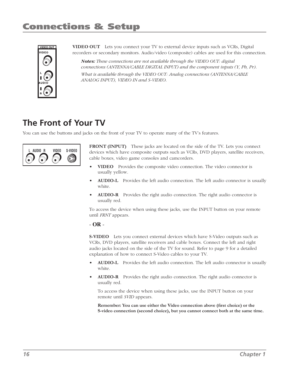 The front of your tv, Connections & setup | RCA 32V524T User Manual | Page 18 / 48