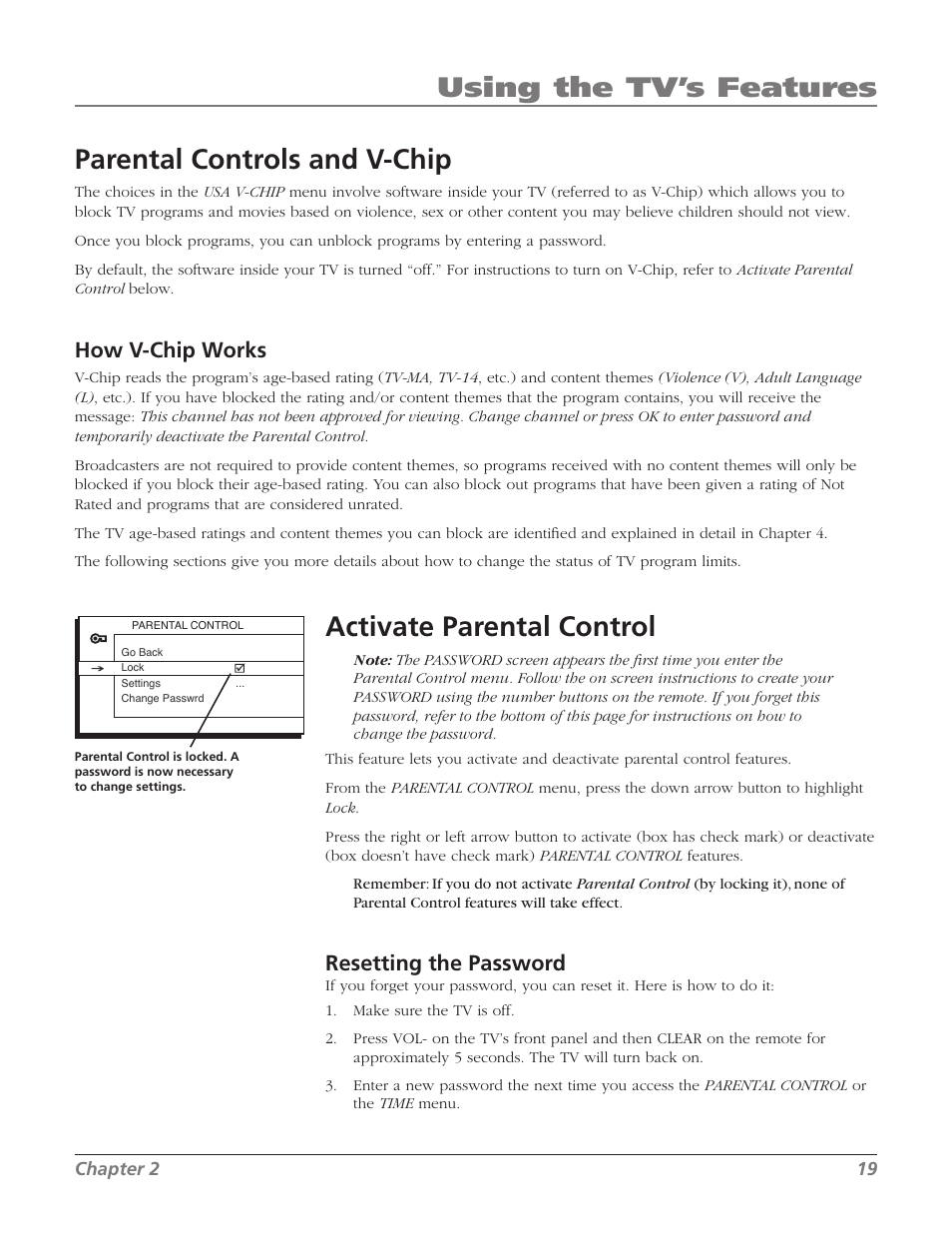 Parental controls and v-chip, Activate parental control, Using the tv’s features | How v-chip works, Resetting the password | RCA 32V524T User Manual | Page 21 / 48