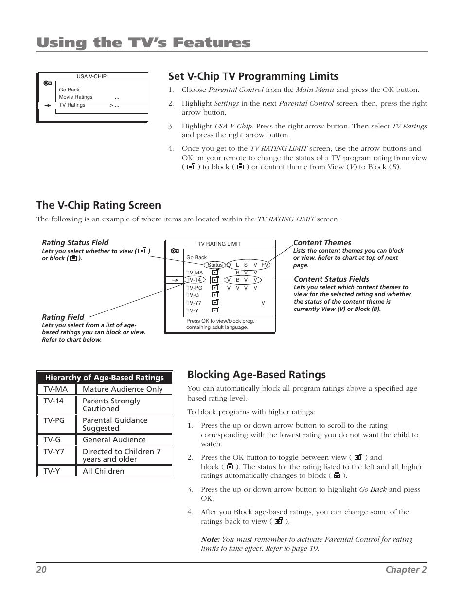 Using the tv’s features, The v-chip rating screen, Blocking age-based ratings | Set v-chip tv programming limits, 20 chapter 2 | RCA 32V524T User Manual | Page 22 / 48