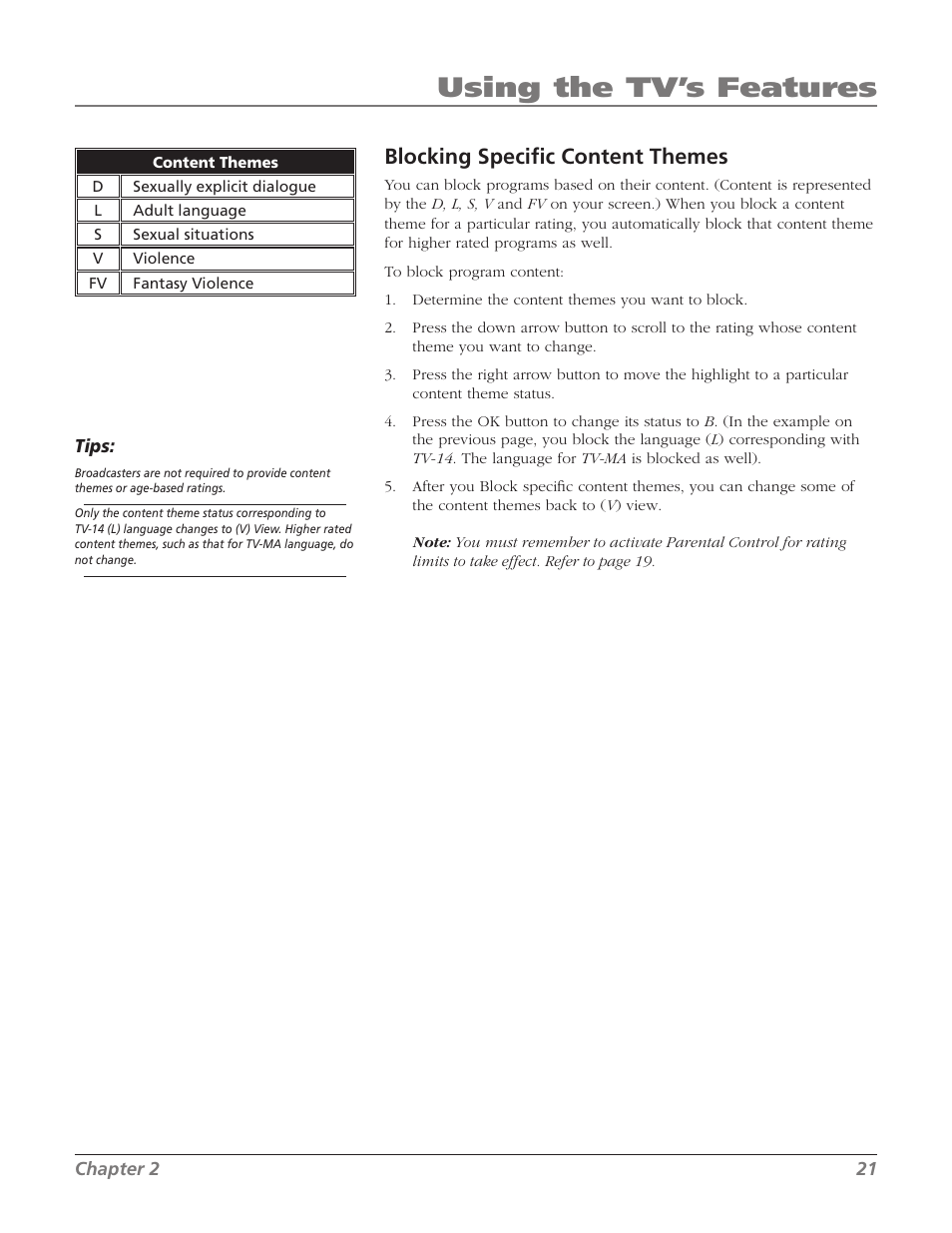 Using the tv’s features, Blocking speciﬁc content themes | RCA 32V524T User Manual | Page 23 / 48