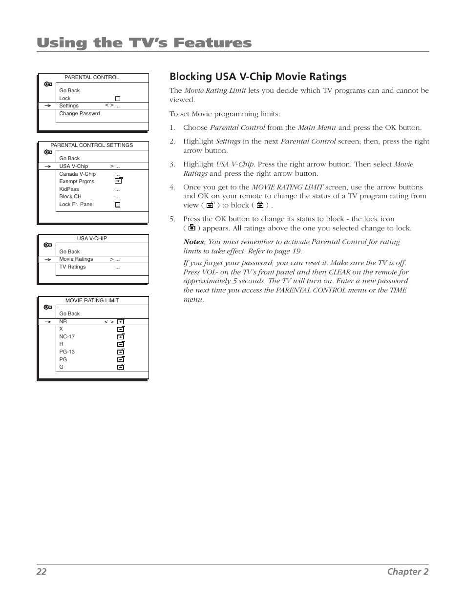 Using the tv’s features, Blocking usa v-chip movie ratings, 22 chapter 2 | RCA 32V524T User Manual | Page 24 / 48