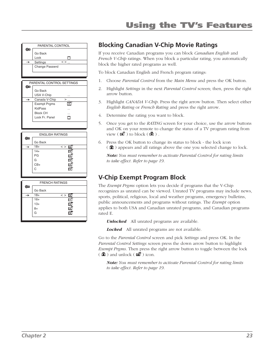 Using the tv’s features, Blocking canadian v-chip movie ratings, V-chip exempt program block | Chapter 2 23 | RCA 32V524T User Manual | Page 25 / 48