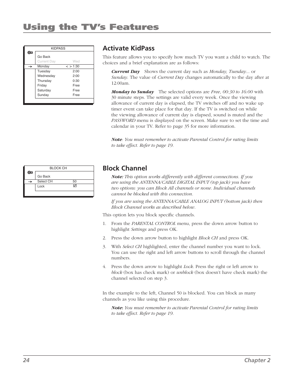 Using the tv’s features, Activate kidpass, Block channel | 24 chapter 2 | RCA 32V524T User Manual | Page 26 / 48