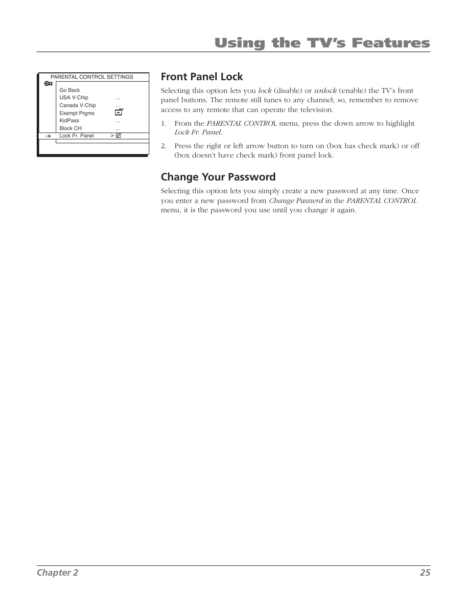 Using the tv’s features, Front panel lock, Change your password | Chapter 2 25 | RCA 32V524T User Manual | Page 27 / 48