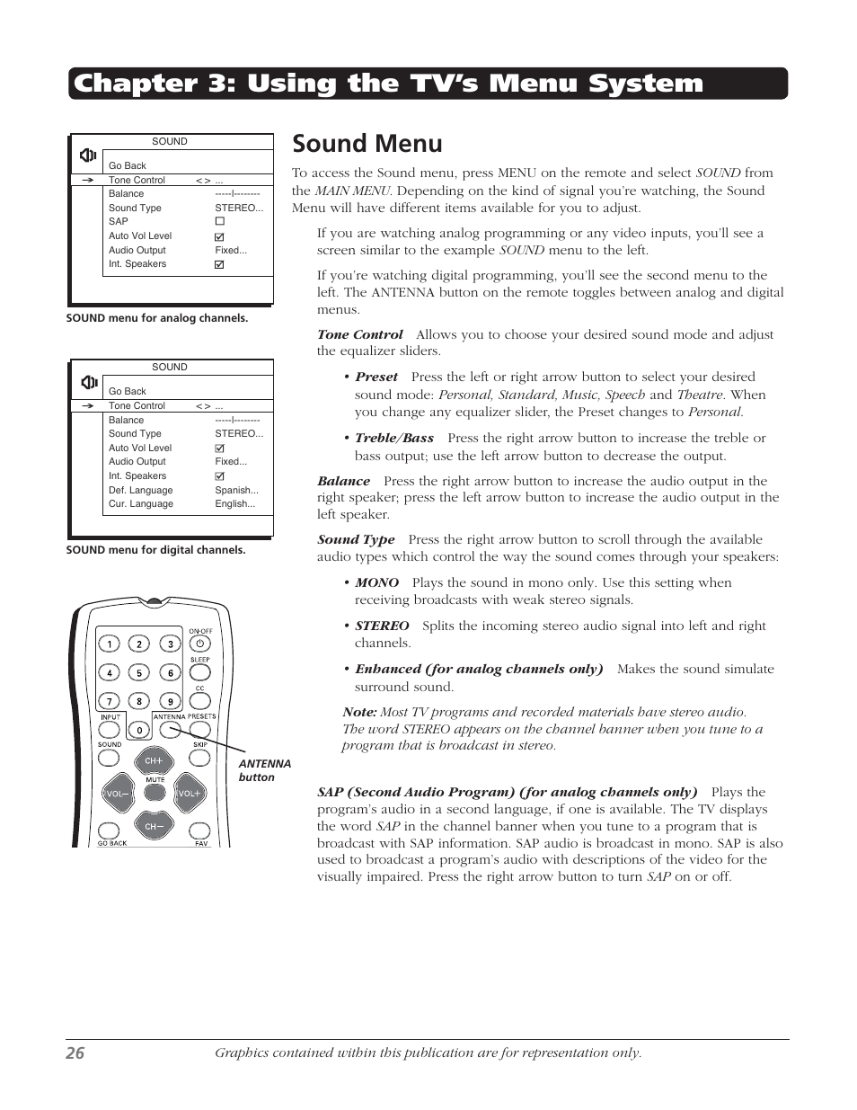 Sound menu, Chapter 3: using the tv’s menu system | RCA 32V524T User Manual | Page 28 / 48