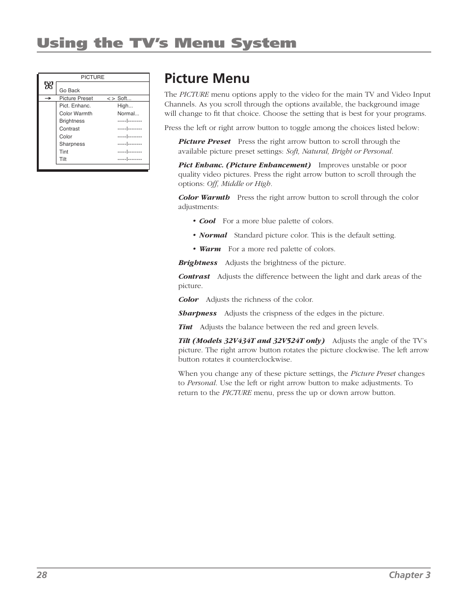 Picture menu, Using the tv’s menu system, 28 chapter 3 | RCA 32V524T User Manual | Page 30 / 48