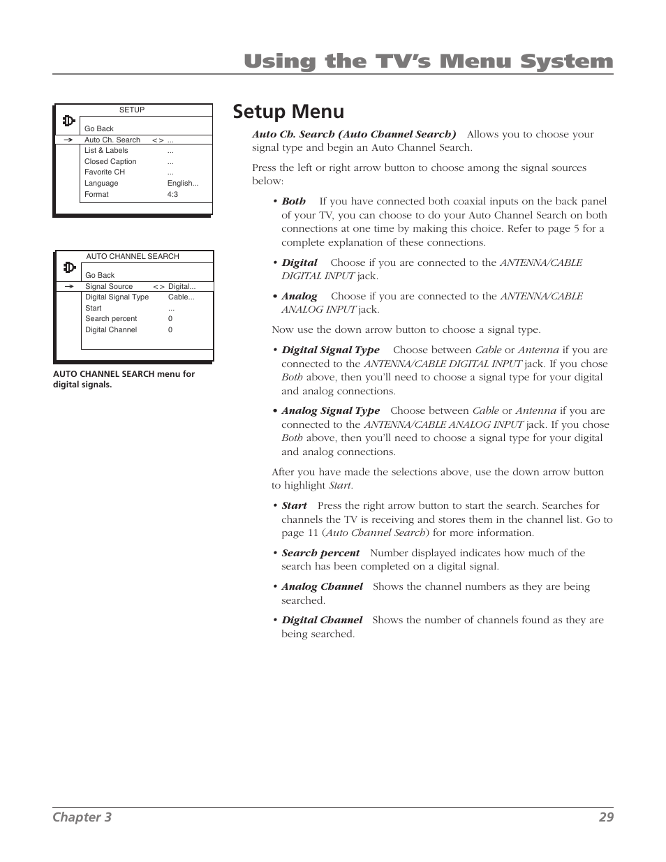 Setup menu, Using the tv’s menu system, Chapter 3 29 | RCA 32V524T User Manual | Page 31 / 48