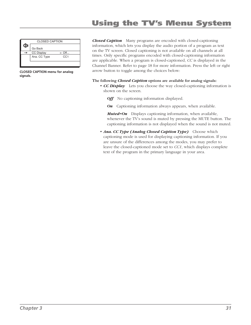 Using the tv’s menu system, Chapter 3 31 | RCA 32V524T User Manual | Page 33 / 48