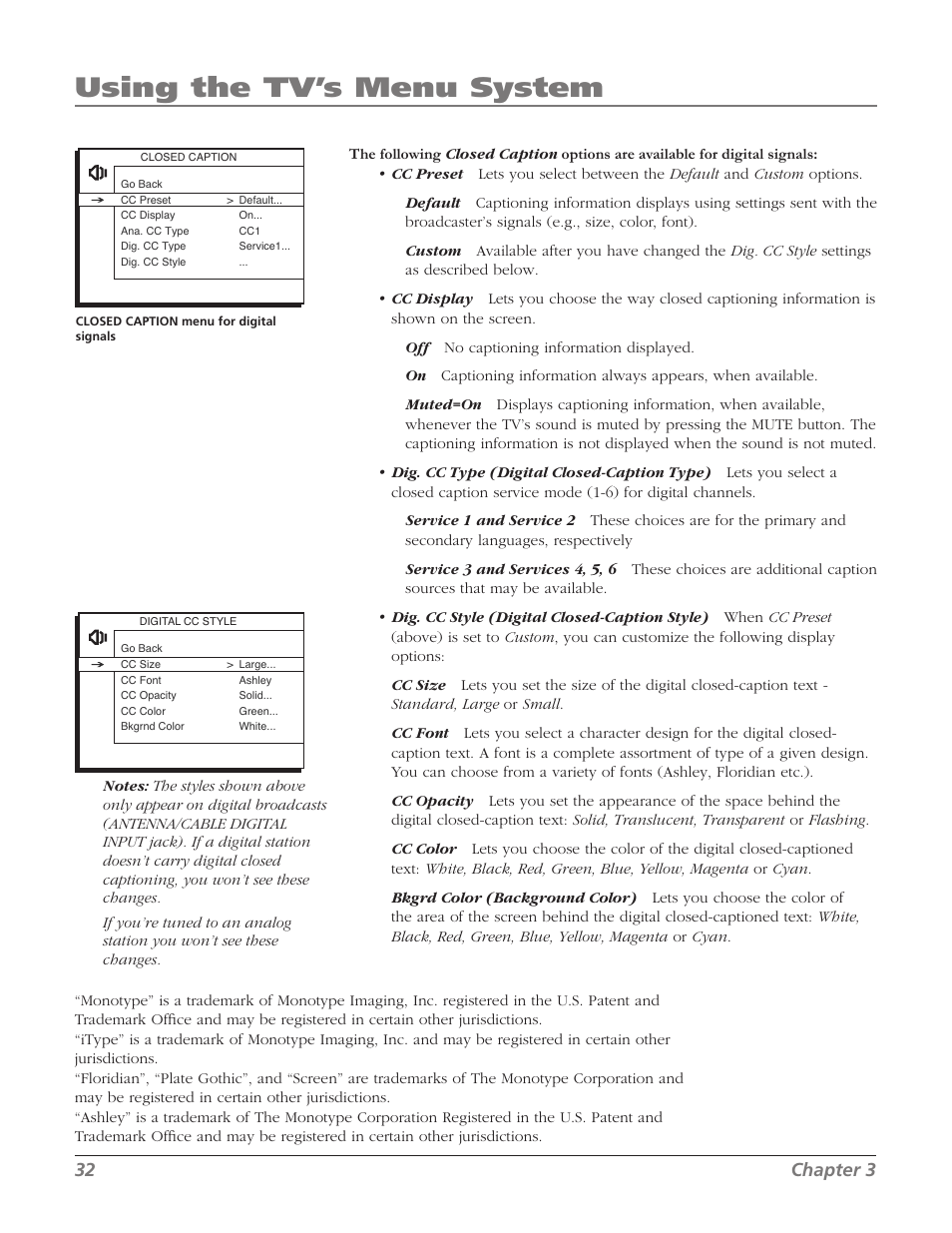 Using the tv’s menu system, 32 chapter 3 | RCA 32V524T User Manual | Page 34 / 48