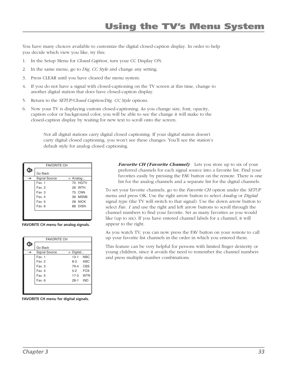 Using the tv’s menu system, Chapter 3 33 | RCA 32V524T User Manual | Page 35 / 48