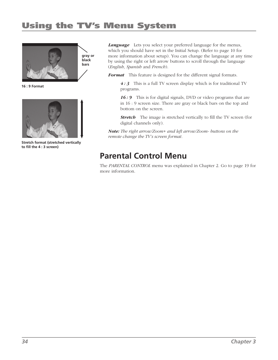 Parental control menu, Using the tv’s menu system | RCA 32V524T User Manual | Page 36 / 48