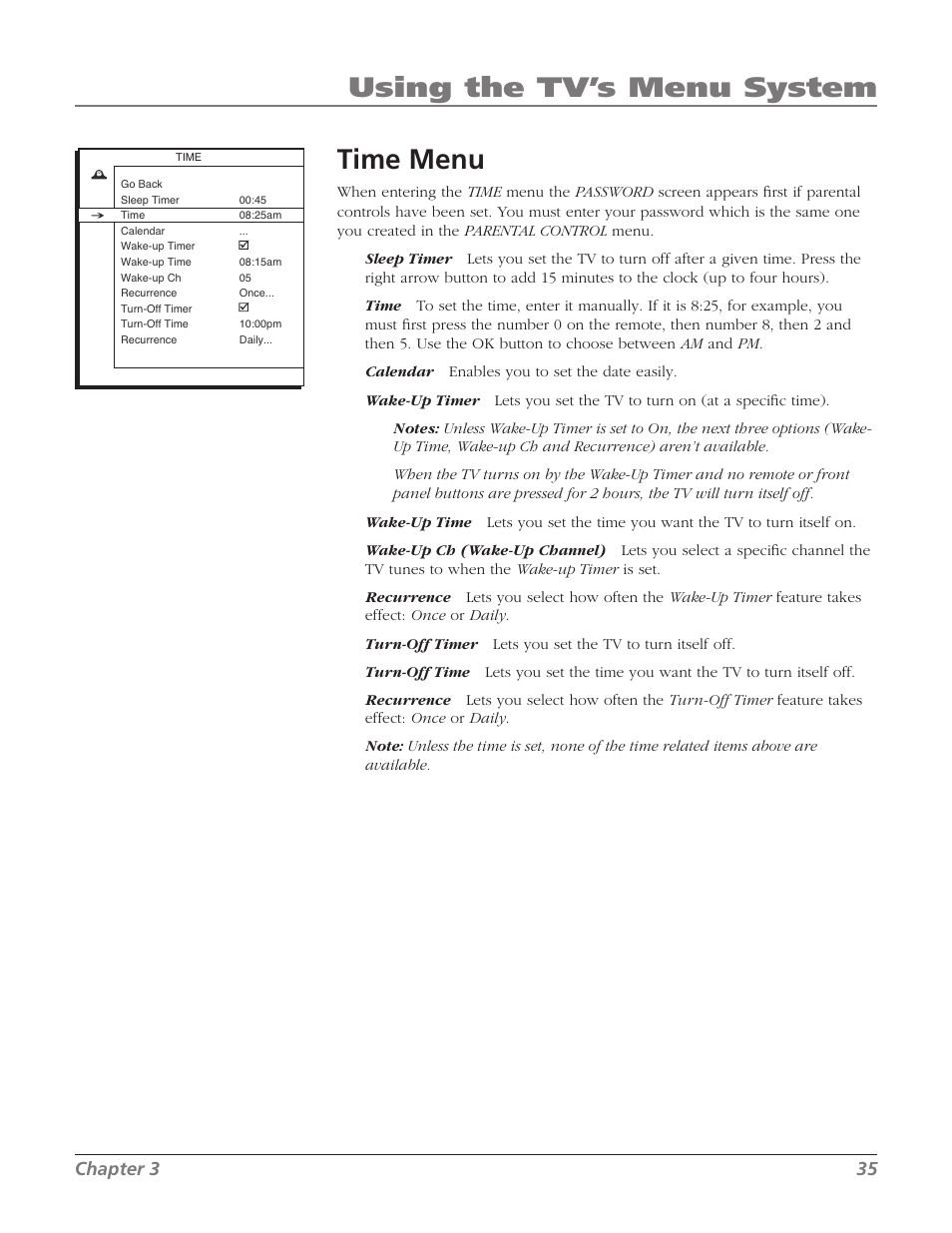 Time menu, Using the tv’s menu system, Chapter 3 35 | RCA 32V524T User Manual | Page 37 / 48