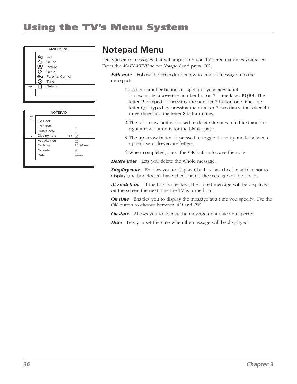 Using the tv’s menu system, 36 chapter 3 | RCA 32V524T User Manual | Page 38 / 48