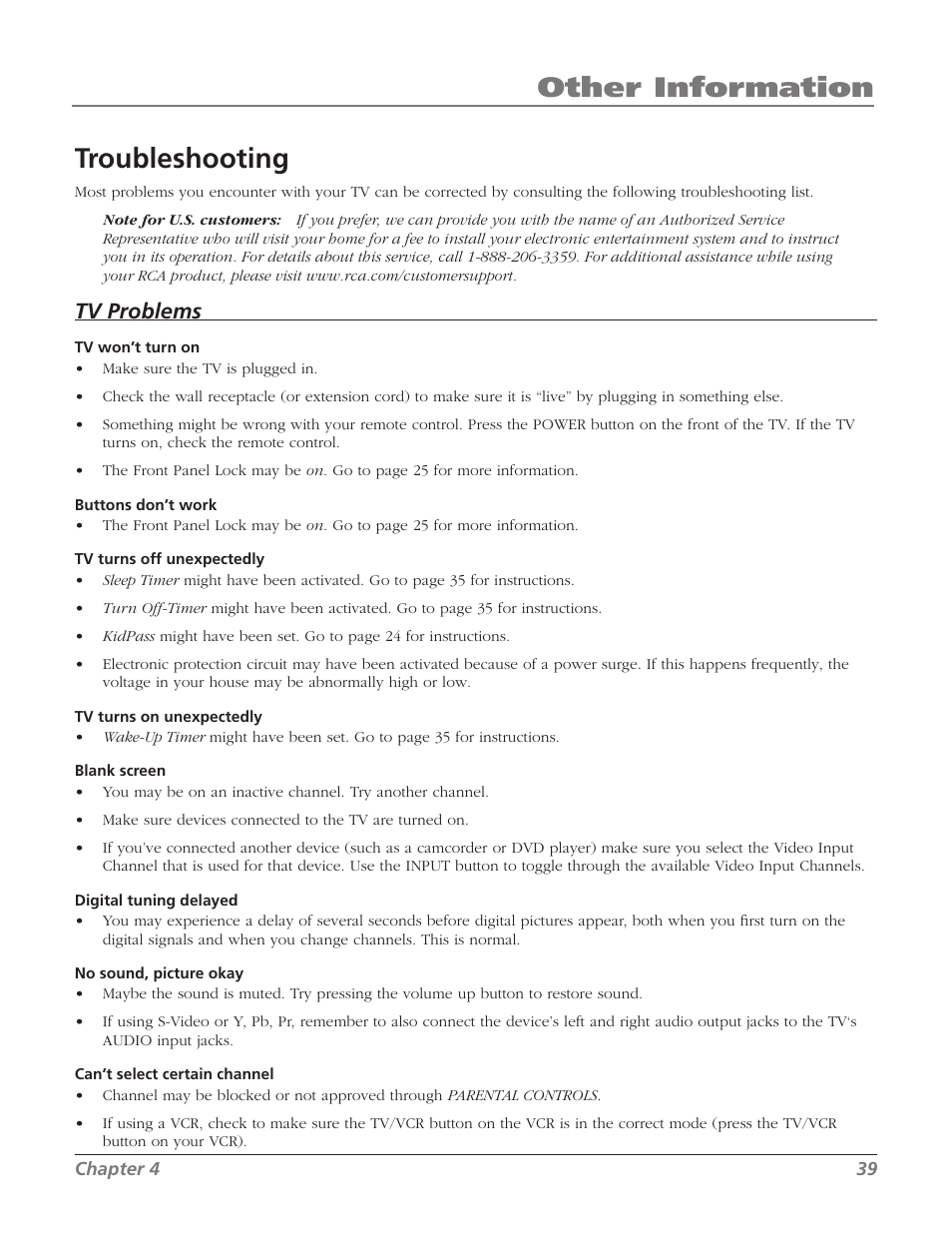 Other information troubleshooting, Tv problems | RCA 32V524T User Manual | Page 41 / 48