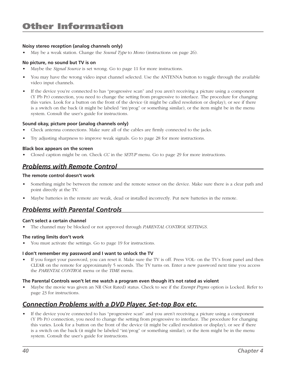 Other information, Problems with remote control, Problems with parental controls | RCA 32V524T User Manual | Page 42 / 48