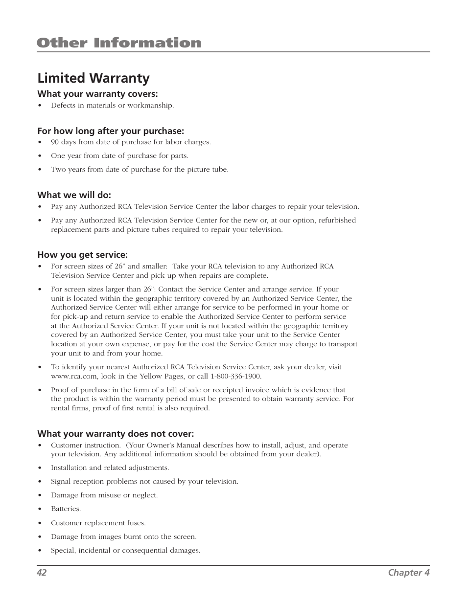 Limited warranty, Other information | RCA 32V524T User Manual | Page 44 / 48