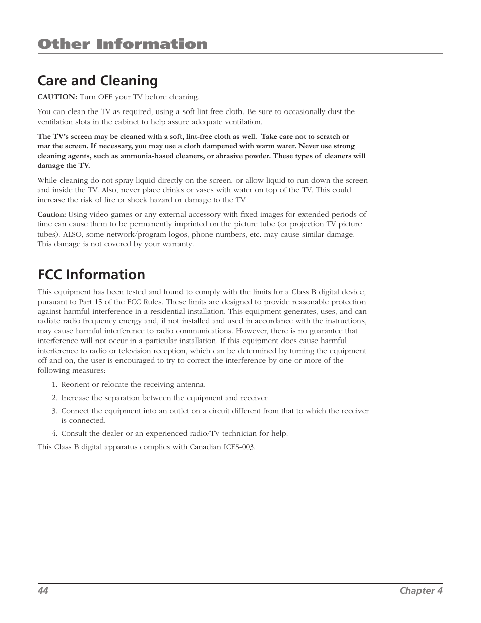 Fcc information, Care and cleaning, Other information | RCA 32V524T User Manual | Page 46 / 48