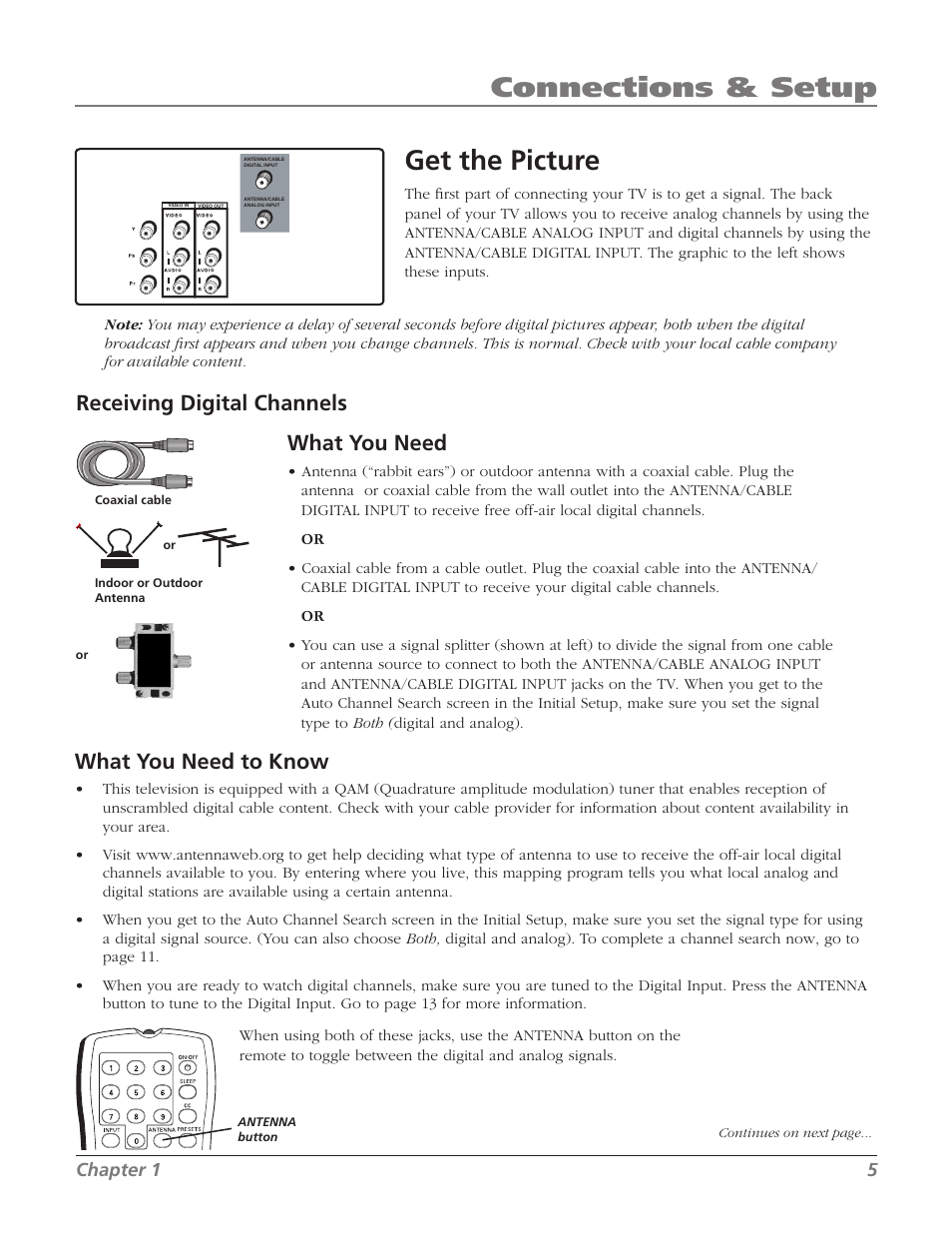 Get the picture, Connections & setup, What you need to know | Receiving digital channels, What you need, Chapter 1 5 | RCA 32V524T User Manual | Page 7 / 48