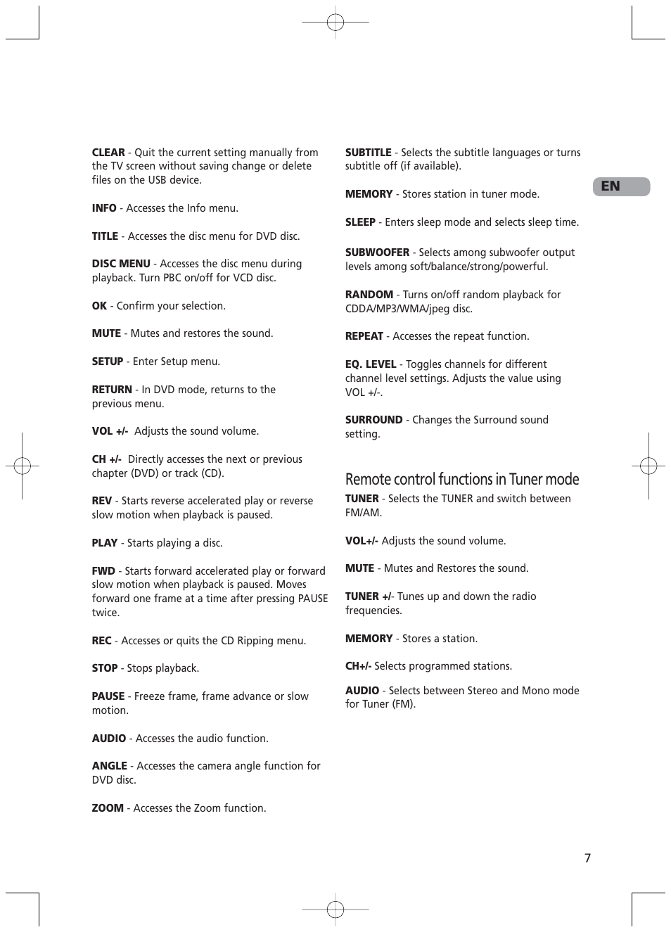 Remote control functions in tuner mode | RCA RTD217 User Manual | Page 11 / 33