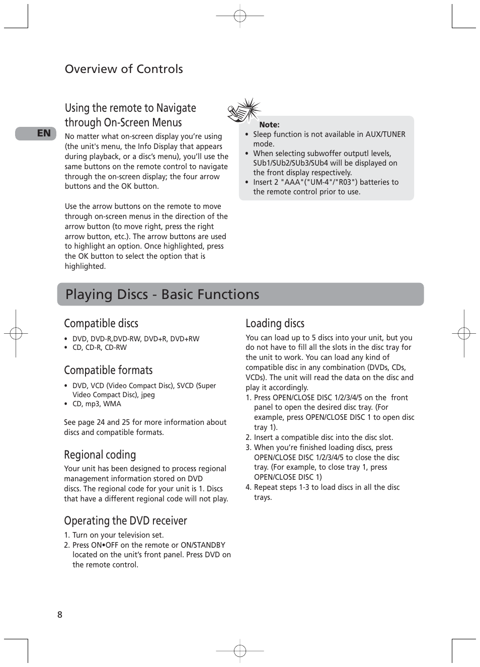 Playing discs - basic functions, Overview of controls, Compatible discs | Compatible formats, Regional coding, Operating the dvd receiver, Loading discs | RCA RTD217 User Manual | Page 12 / 33