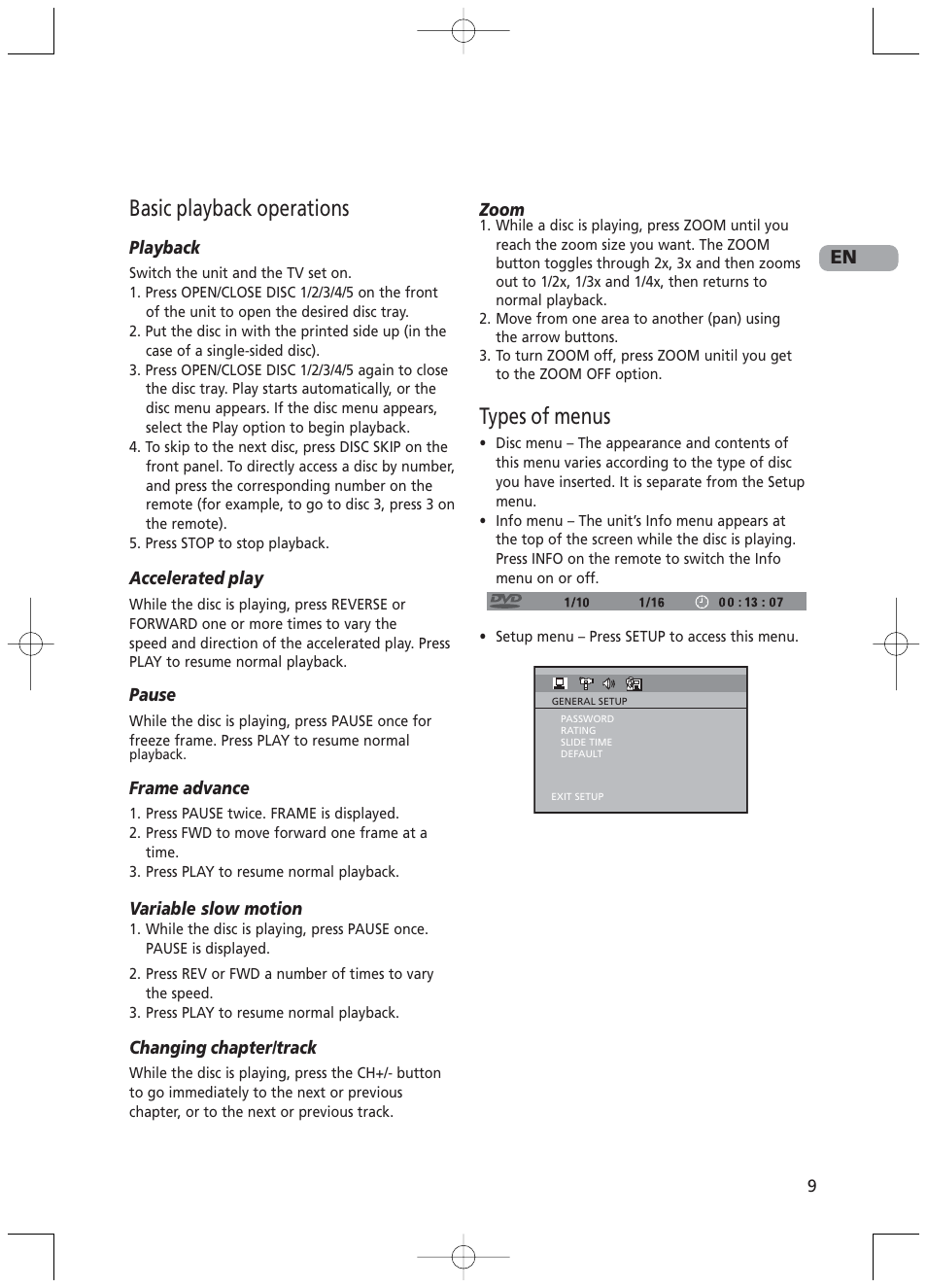 Basic playback operations, Types of menus | RCA RTD217 User Manual | Page 13 / 33