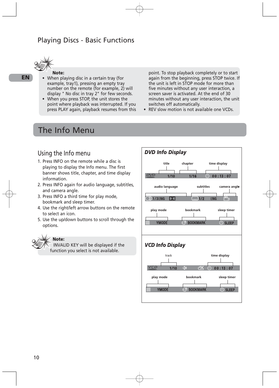The info menu, Using the info menu, Playing discs - basic functions | Dvd info display vcd info display | RCA RTD217 User Manual | Page 14 / 33