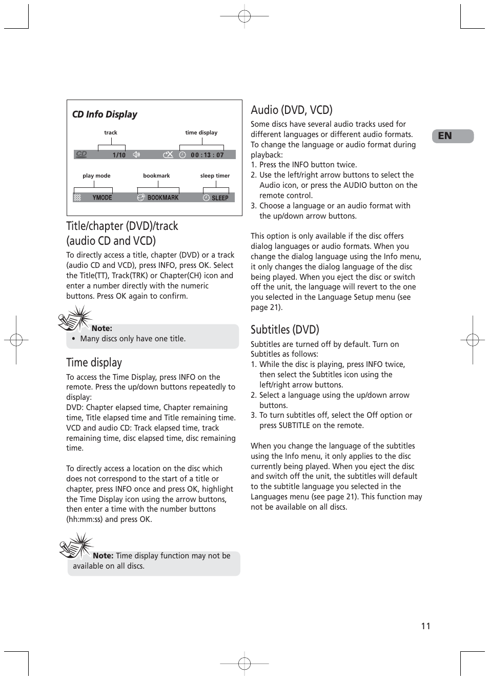 Title/chapter (dvd)/track (audio cd and vcd), Time display, Audio (dvd, vcd) | Subtitles (dvd) | RCA RTD217 User Manual | Page 15 / 33