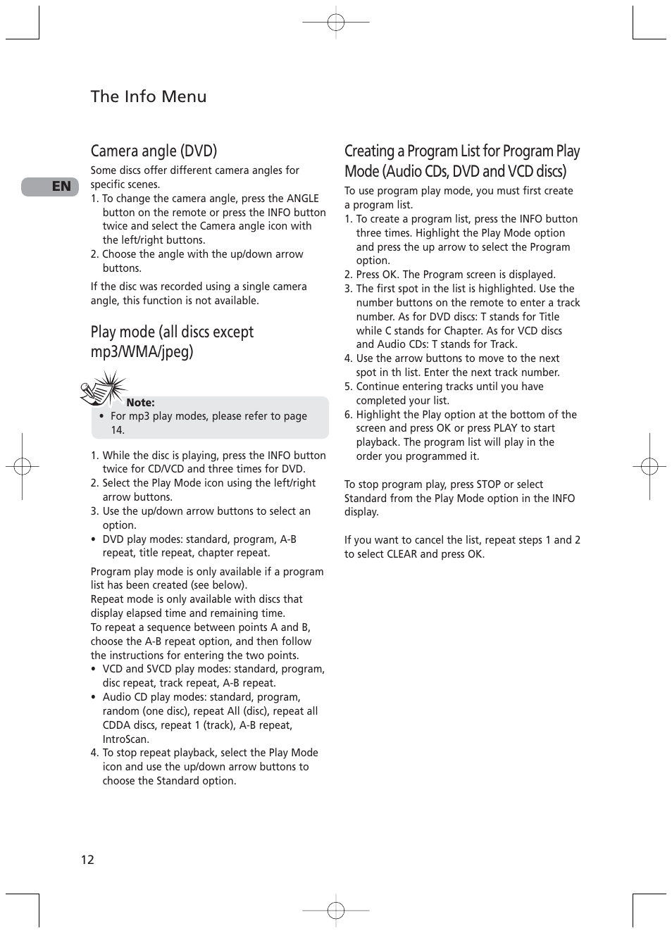 Camera angle (dvd), Play mode (all discs except mp3/wma/jpeg), The info menu | RCA RTD217 User Manual | Page 16 / 33