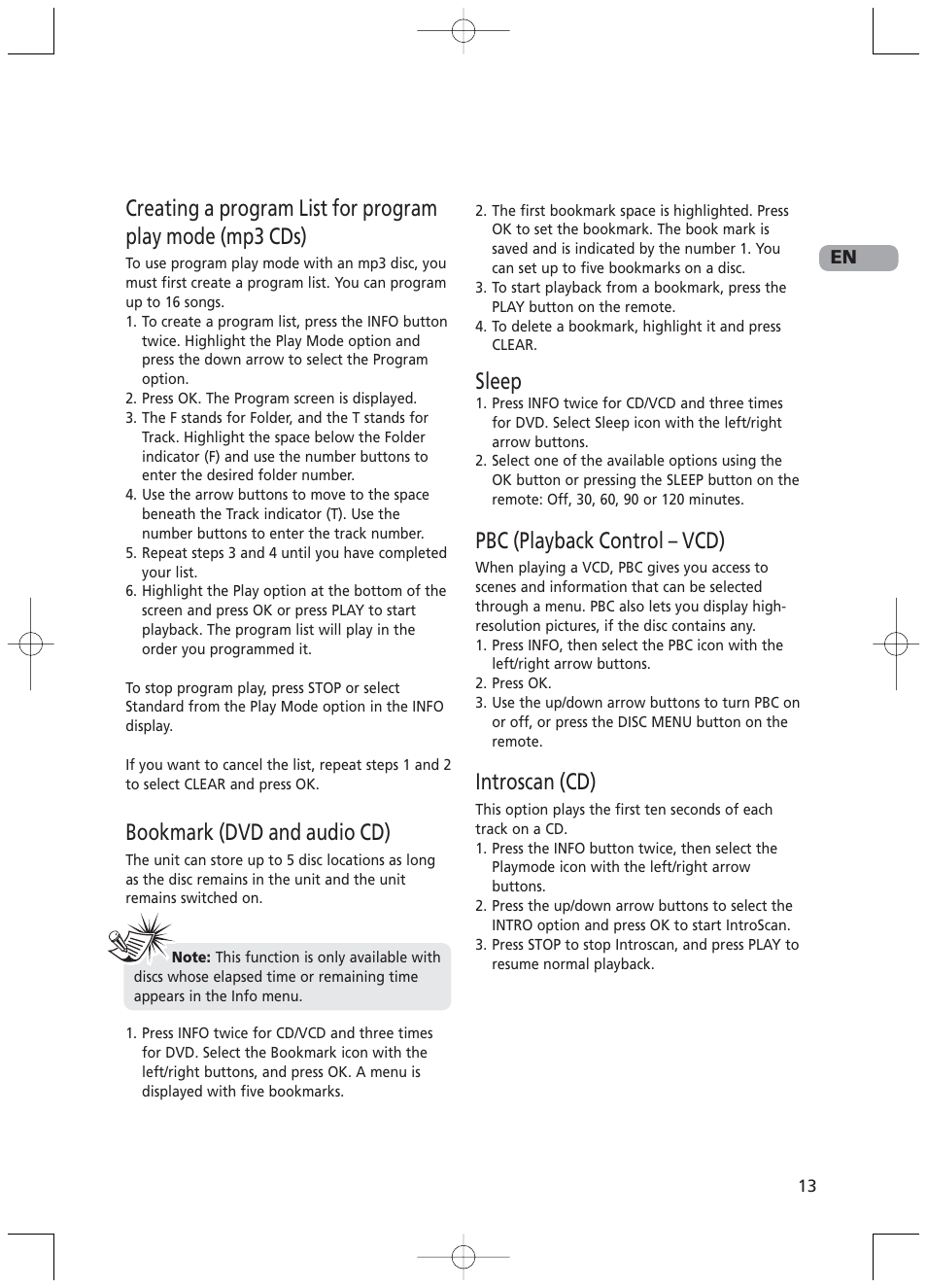 Bookmark (dvd and audio cd), Sleep, Pbc (playback control – vcd) | Introscan (cd) | RCA RTD217 User Manual | Page 17 / 33