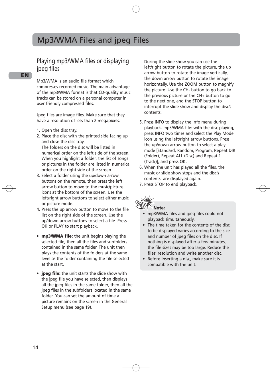 Mp3/wma files and jpeg files, Playing mp3/wma files or displaying jpeg files | RCA RTD217 User Manual | Page 18 / 33