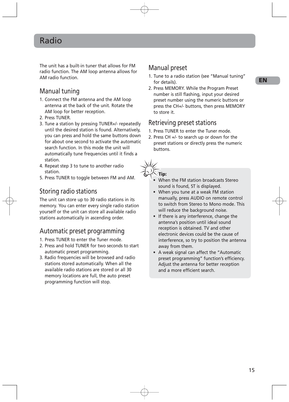 Radio, Manual tuning, Storing radio stations | Automatic preset programming, Manual preset, Retrieving preset stations | RCA RTD217 User Manual | Page 19 / 33